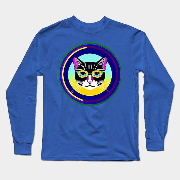 Cool Tuxedo Cat In Yellow Glasses. Colorful Round Geometrical Composition Long Sleeve T-Shirt by funfun